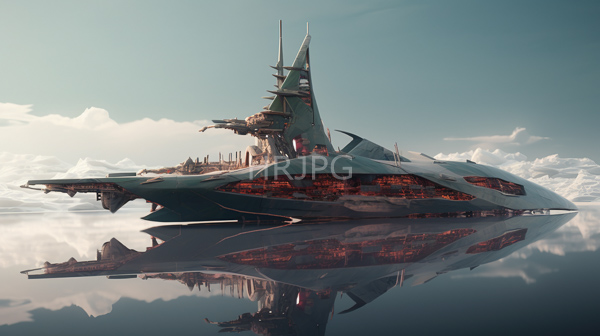 High Resolution: Futuristic sleek silver spaceship angular aerodynamic design reflective surfaces illuminated red interior ship floats calm reflective water surface download. | HRJPG.com