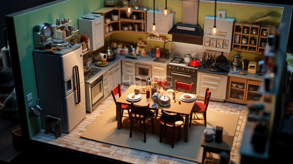 High Resolution: Detailed miniature kitchen diorama scene features beige-tiled floor white cabinets stainless steel refrigerator left rectangular dining table four red download. | HRJPG.com