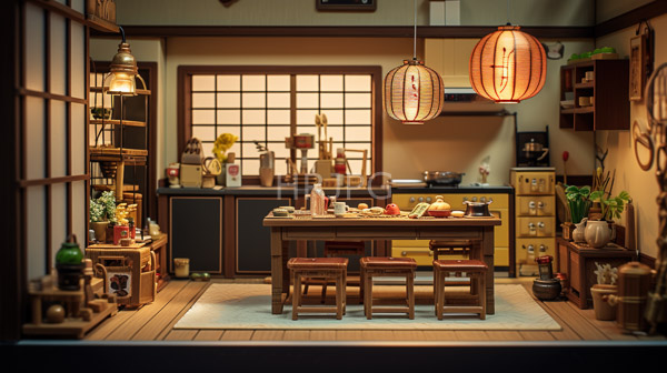 High Resolution: Meticulously detailed traditional Japanese kitchen diorama scene features wooden dining table two red-cushioned chairs surrounded various kitchen utensils pots download. | HRJPG.com