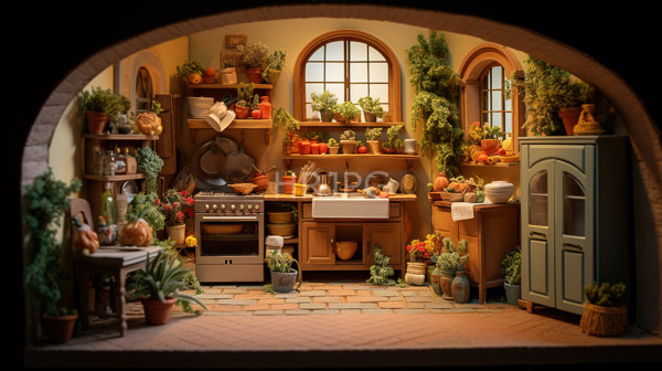 High Resolution: Cozy sunlit kitchen arched doorway room features wooden shelves adorned potted plants large window wooden frame stainless steel stove download. | HRJPG.com