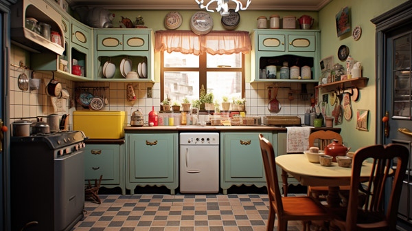 High Resolution: Vintage-style kitchen pastel green cabinets white and blue checkered floor tiles round wooden dining table chairs countertop holds various download. | HRJPG.com