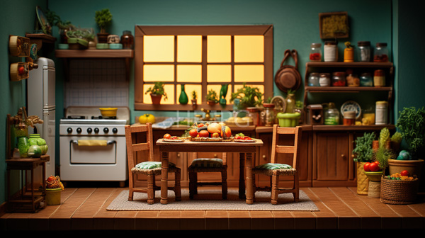 High Resolution: Cozy vintage kitchen Centered wooden table fruit bowl surrounded four wooden chairs green cushions features white stove yellow towel download. | HRJPG.com