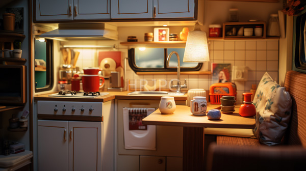 High Resolution: Cozy vintage-style camper kitchen Warm yellow lighting illuminates white cabinets gas stove red pots wooden countertop ceramic teapot download. | HRJPG.com