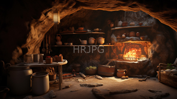 High Resolution: Dimly lit rustic cave kitchen Warm orange firelight illuminates clay pots wooden shelves small cooking area Shelves hold various download. | HRJPG.com