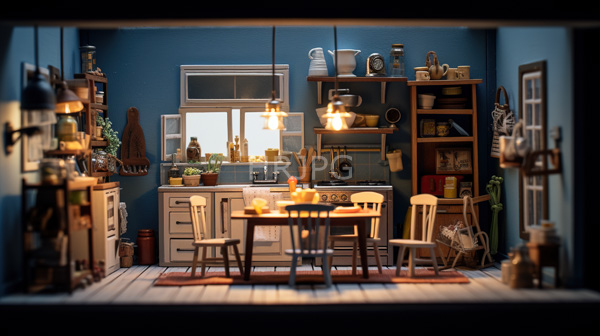 High Resolution: Miniature detailed kitchen scene room has blue walls white cabinets wooden table two chairs Three hanging lights illuminate download. | HRJPG.com