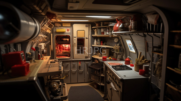 High Resolution: Cozy compact camper kitchen retro aesthetic small space features gray refrigerator red interior light white stove red cups counter download. | HRJPG.com