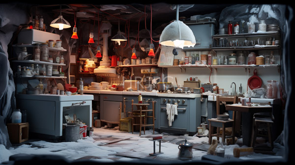 High Resolution: Cluttered vintage kitchen snowy floor room dimly lit red and white hanging lamps Shelves and countertops filled various kitchen download. | HRJPG.com