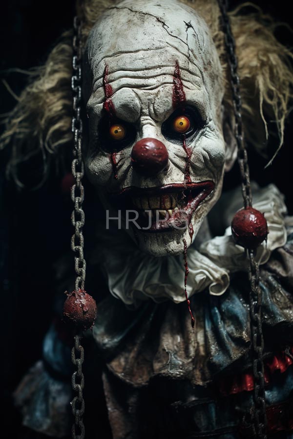 High Resolution: Creepy worn clown pale cracked white makeup blood-red nose yellow glowing eyes His mouth open revealing sharp teeth blood download. | HRJPG.com