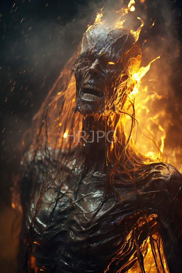 High Resolution: Grotesque humanoid figure charred skeletal appearance figure's skin cracked and wet glowing fiery hair menacing toothy grin download. | HRJPG.com