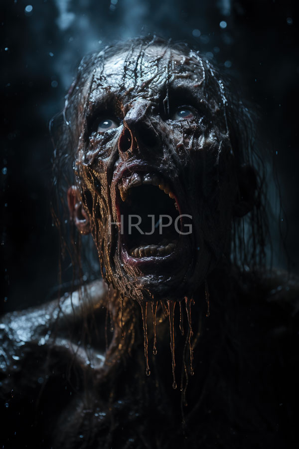 High Resolution: Grotesque decaying zombie-like figure wet matted hair skin darkened dirt and grime figure's mouth wide open revealing jagged teeth download. | HRJPG.com