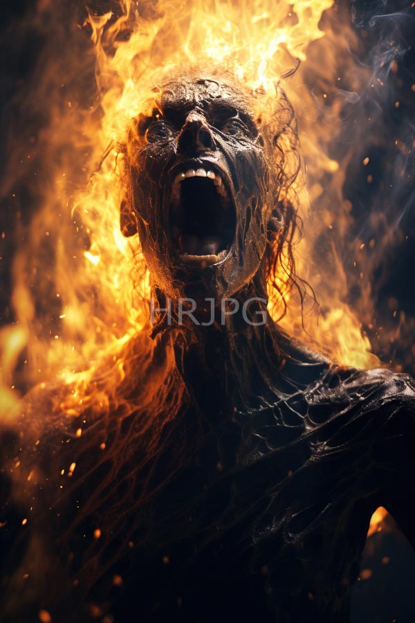 High Resolution: Screaming charred human figure engulfed intense orange-yellow flames figure's face and hair distorted fire dark ashen textures download. | HRJPG.com