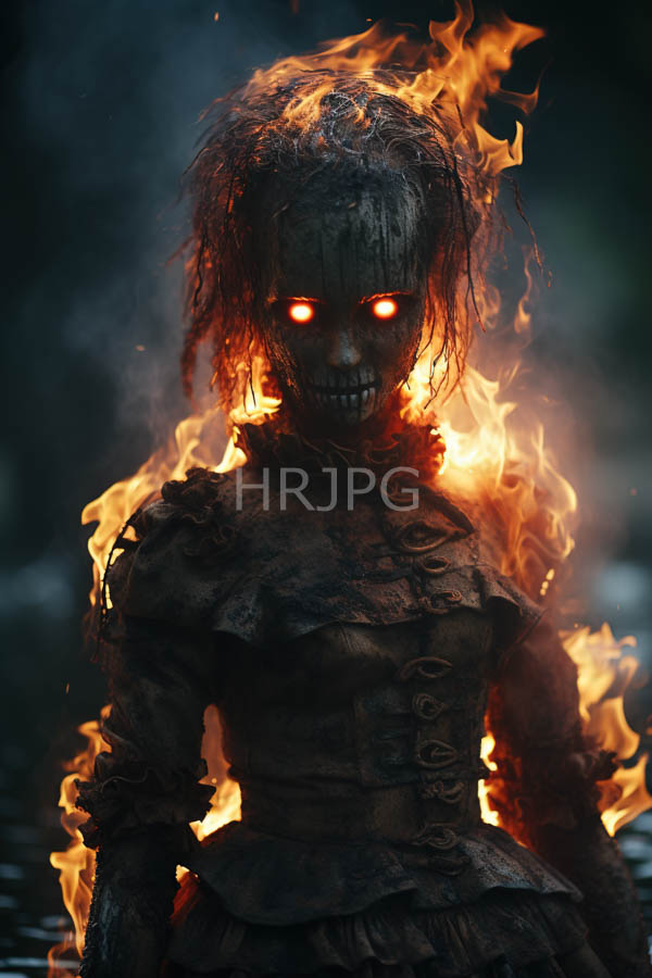 High Resolution: Dark charred female humanoid figure glowing red eyes surrounded intense orange flames She has disheveled fire-licked hair and wears download. | HRJPG.com