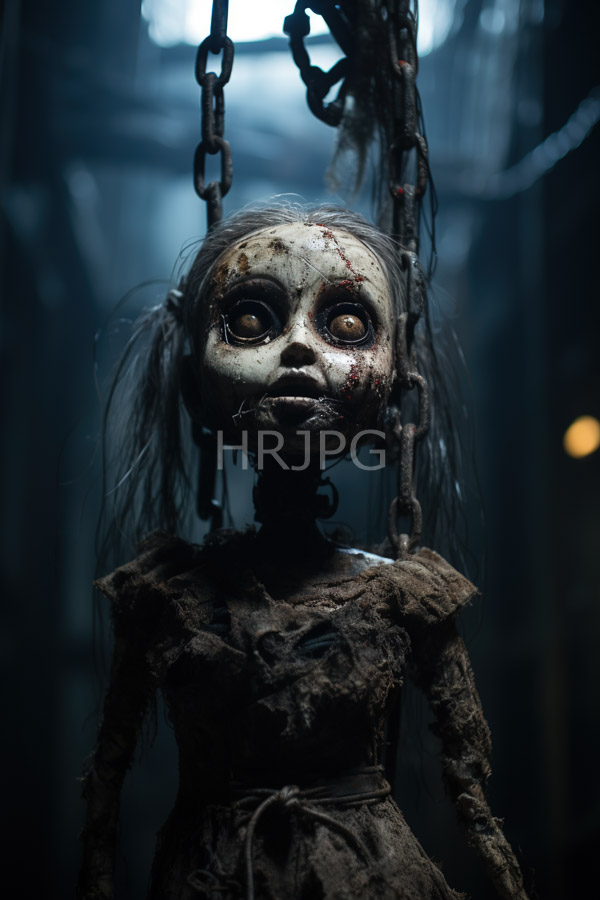 High Resolution: Creepy weathered doll pale blood-stained face large hollow eyes long tangled hair doll wears tattered brown dress and suspended download. | HRJPG.com