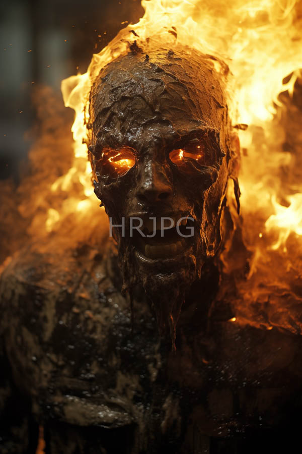 High Resolution: Grotesque charred human skull-like figure glowing orange eyes surrounded intense bright flames figure's dark cracked and textured skin contrasts download. | HRJPG.com