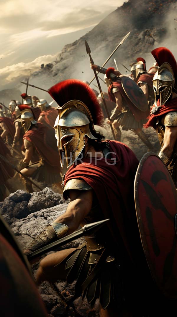 High Resolution: Battle scene ancient Greek warriors foreground muscular man red plume helmet red cloak bronze armor holding spear and shield download. | HRJPG.com