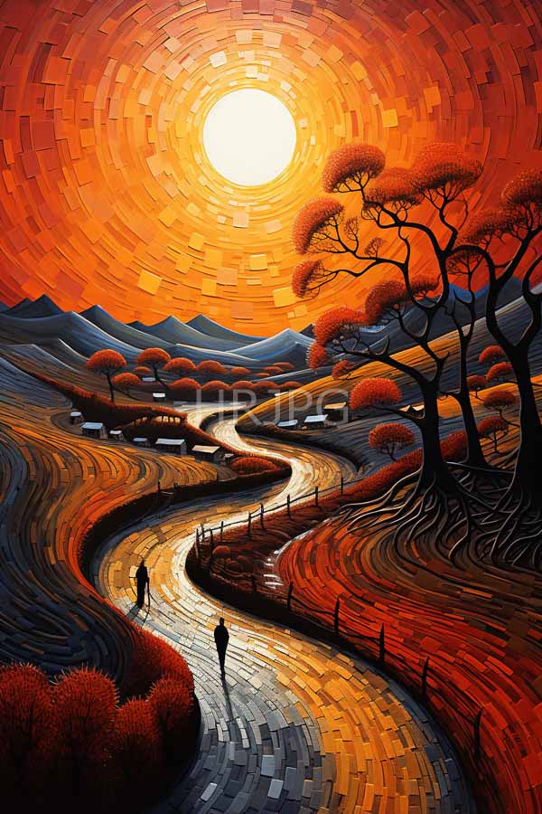 High Resolution: Vibrant stylized sunset landscape winding reflective path curves through rolling hills leading distant mountains Two silhouetted figures walk along download. | HRJPG.com