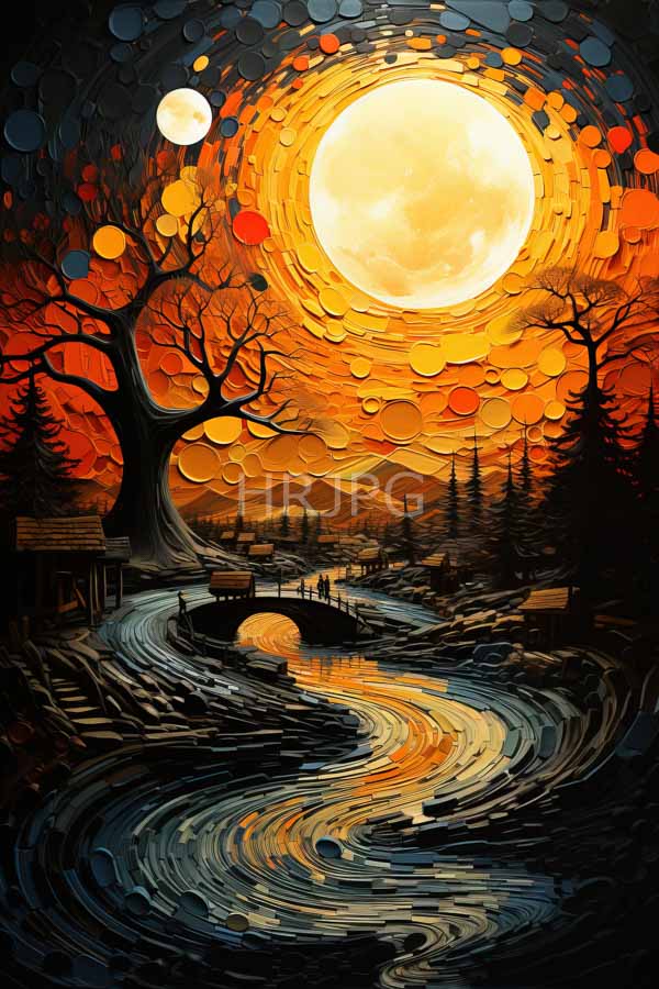 High Resolution: Vibrant surreal large glowing sun and moon winding river reflecting leafless tree twisted branches stands left silhouetted against orange download. | HRJPG.com