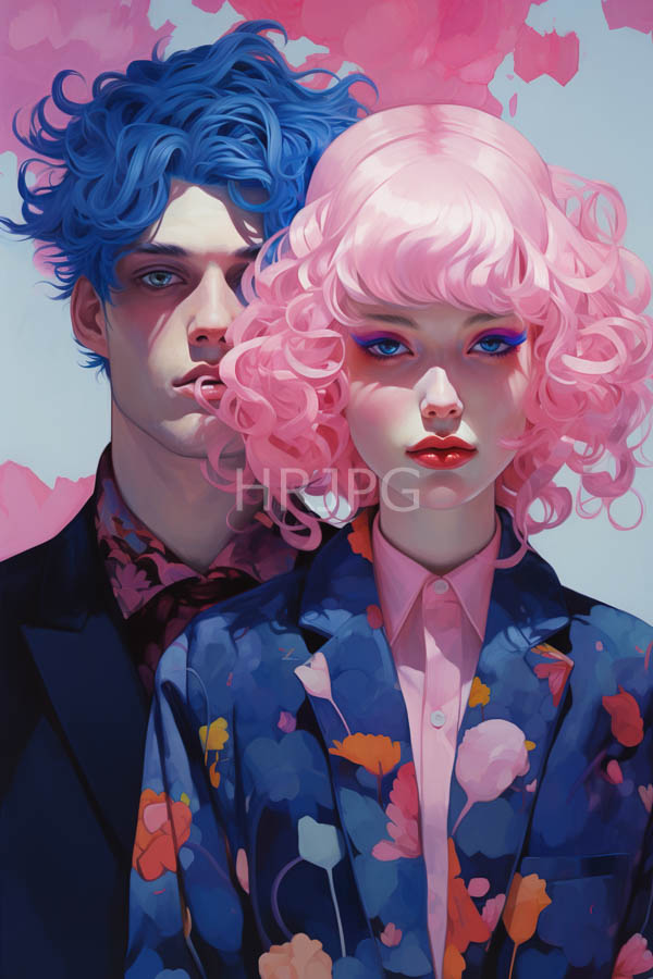 High Resolution: Pale-skinned couple striking hair colors man blue curly hair wears dark suit floral patterned shirt woman pink curly bob download. | HRJPG.com