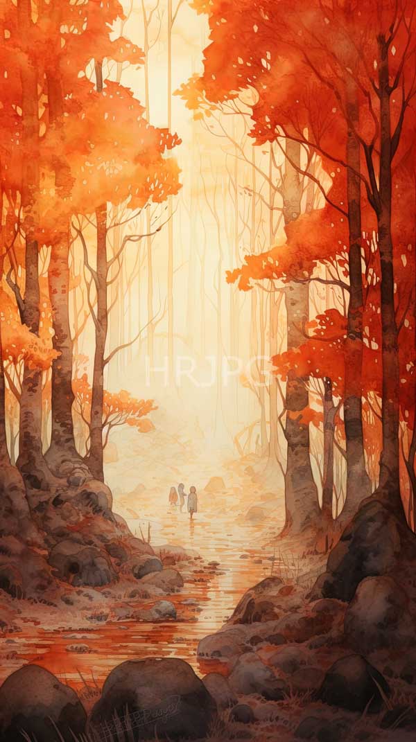High Resolution: Serene autumn forest Two small indistinct figures walk along reflective orange-hued stream surrounded tall slender trees vibrant red and download. | HRJPG.com
