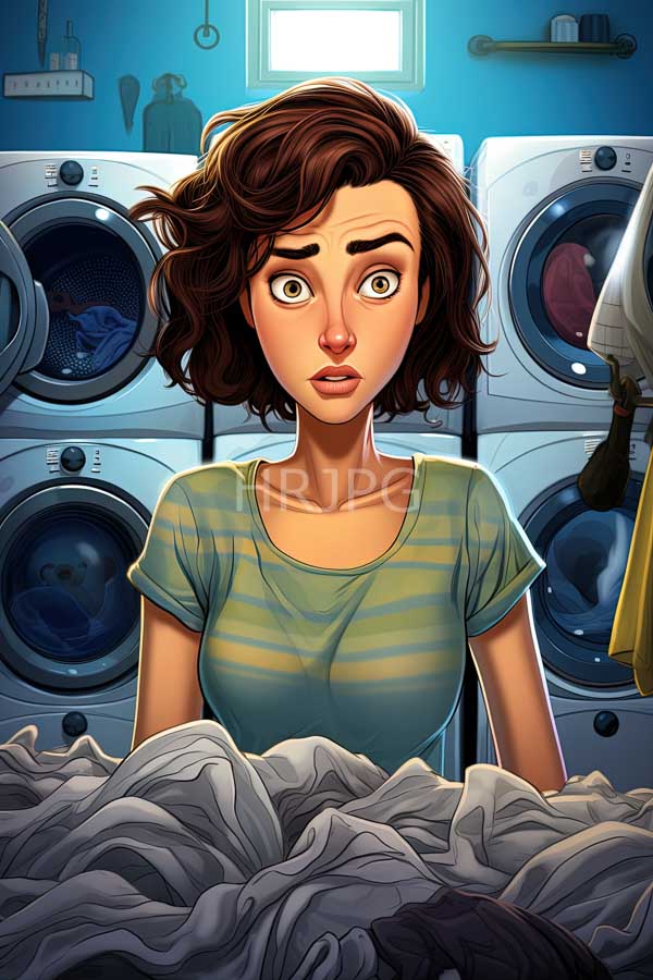 High Resolution: Surprised young woman wavy brown hair wearing green and yellow striped shirt standing laundry room She has wide eyes and download. | HRJPG.com