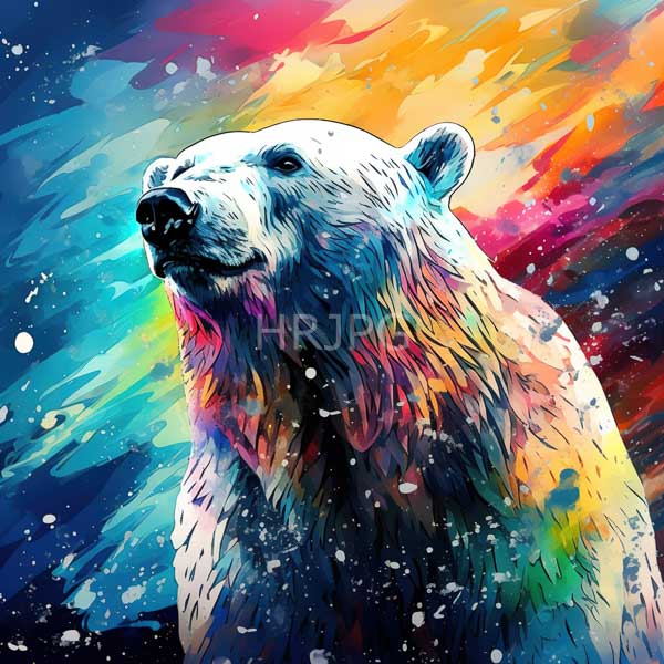 High Resolution: Realistic polar bear vibrant multicolored fur blending cosmic rainbow-hued fur features shades white blue pink and orange splashes color download. | HRJPG.com