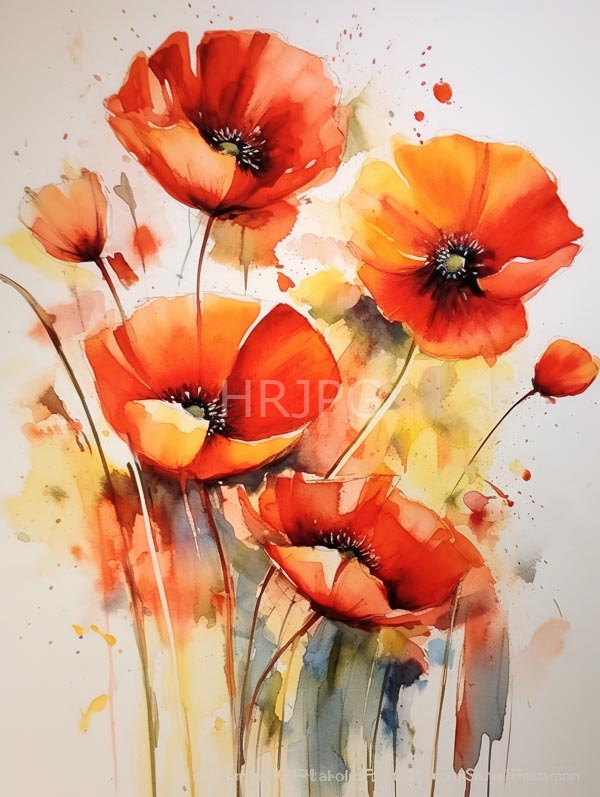 High Resolution: Watercolor vibrant red poppies black centers set against softly splattered yellow green and blue hues flowers have delicate translucent download. | HRJPG.com