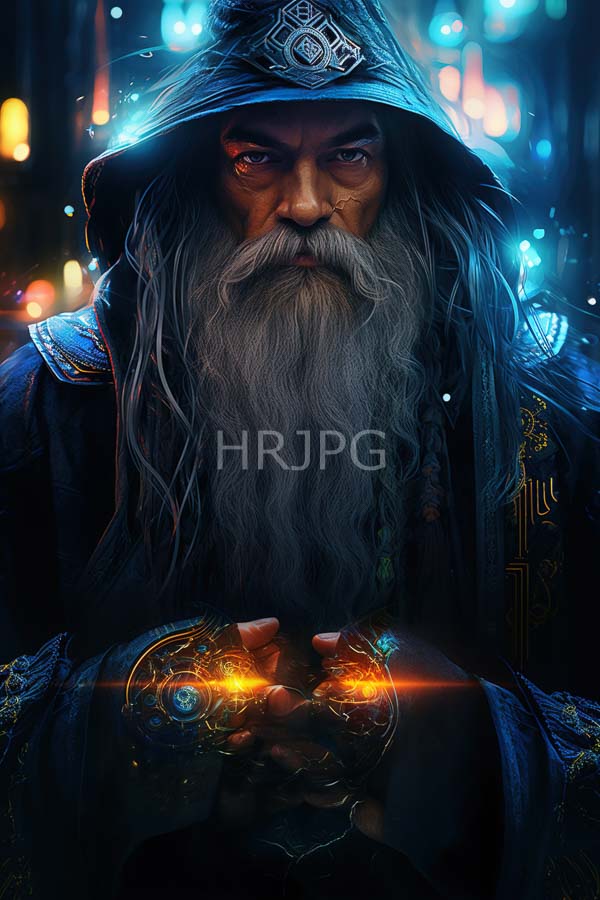 High Resolution: Elderly wise-looking wizard long gray beard intense piercing eyes wears dark ornate robe intricate gold patterns large hooded hat download. | HRJPG.com