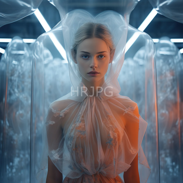High Resolution: Blonde woman fair skin blue eyes wearing sheer translucent dress floral embroidery matching veil She stands futuristic glass-walled environment download. | HRJPG.com