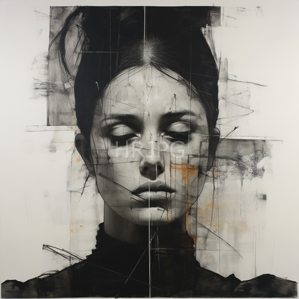 High Resolution: Black-and-white young woman closed eyes featuring minimalist abstract style She has dark hair high ponytail and her expression download. | HRJPG.com