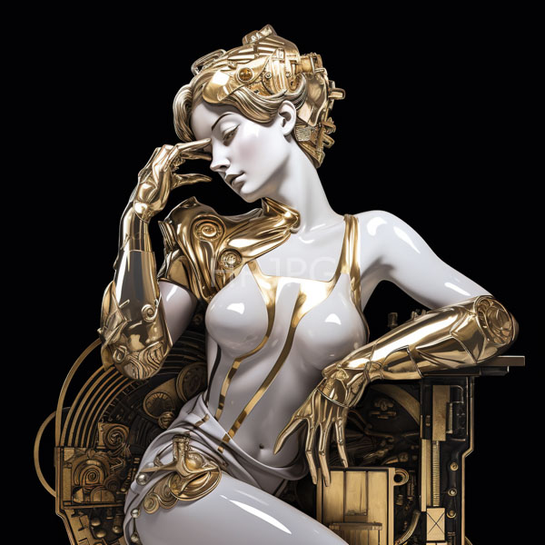 High Resolution: White-skinned slender androgynous figure golden mechanical arms intricate headpiece figure closed eyes serene expression wears minimal metallic golden download. | HRJPG.com