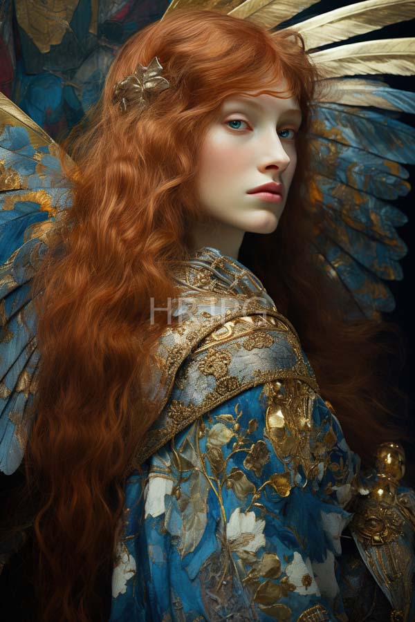 High Resolution: Fair-skinned red-haired angelic woman wavy hair wearing ornate blue and gold feathered cloak She has blue wings gold accents download. | HRJPG.com