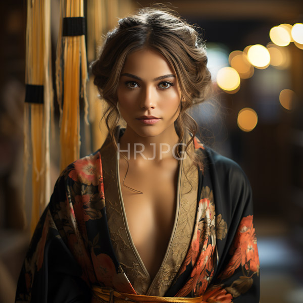 High Resolution: Young woman light brown skin wavy light brown hair updo wearing black floral kimono deep V-neck revealing her cleavage download. | HRJPG.com