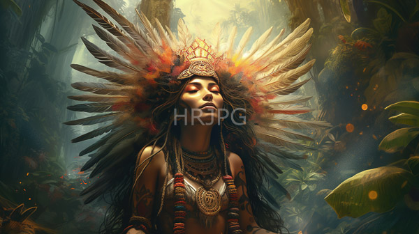 High Resolution: Dark-skinned woman closed eyes adorned large colorful feather headdress intricate jewelry standing lush misty jungle download. | HRJPG.com