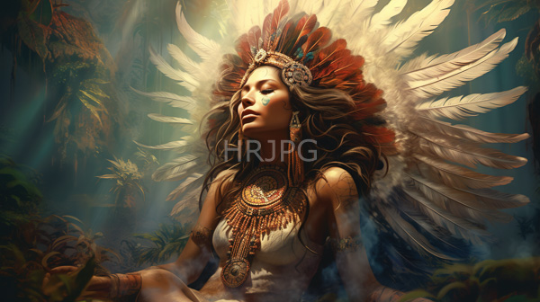 High Resolution: Serene Native American woman dark brown skin long wavy brown hair closed eyes She wears large elaborate feather headdress red download. | HRJPG.com