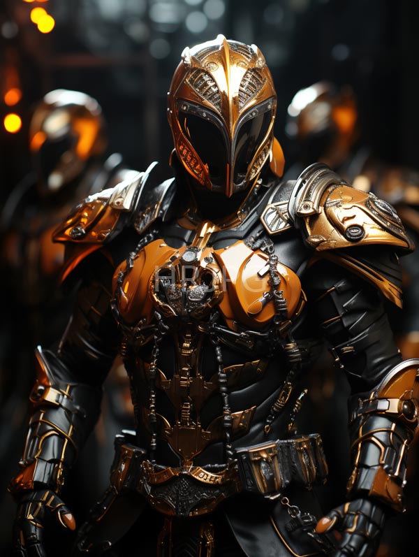High Resolution: Futuristic armored warrior dark intricate metallic armor gold accents helmet has sleek angular design black visor download. | HRJPG.com