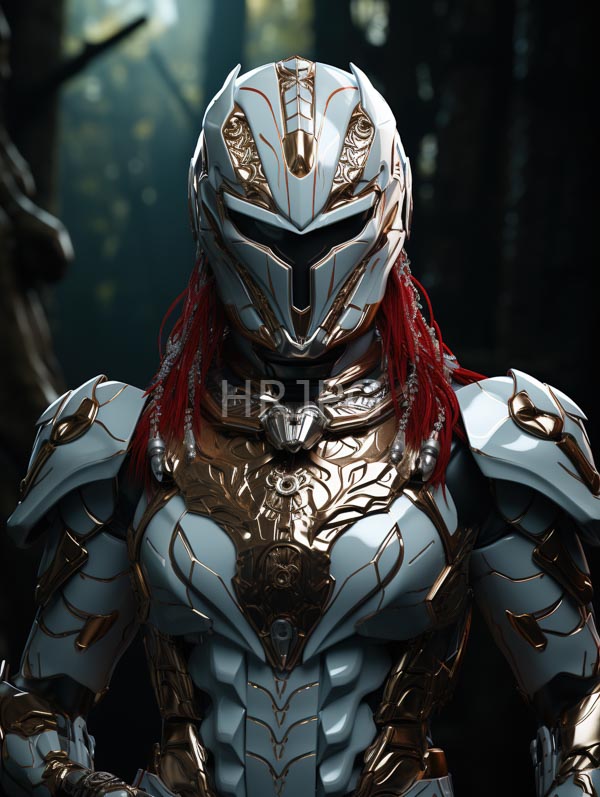 High Resolution: Muscular armored warrior silver and gold helmet featuring red braided hair intricate armor has metallic sheen detailed patterns and download. | HRJPG.com