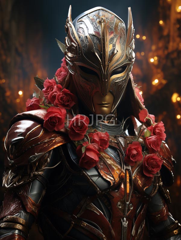 High Resolution: Masked armored warrior golden face adorned intricate metallic armor red roses helmet features ornate designs blurred warm glowing download. | HRJPG.com