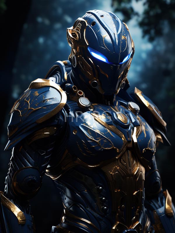 High Resolution: Futuristic armored humanoid sleek blue and gold-plated suit figure has helmet glowing blue eyes intricate gold patterns and muscular download. | HRJPG.com