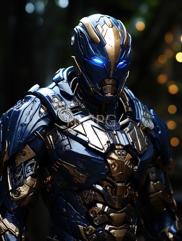 High Resolution: Futuristic blue and gold armored superhero glowing blue eyes standing dimly lit forest armor highly detailed metallic textures intricate designs download. | HRJPG.com