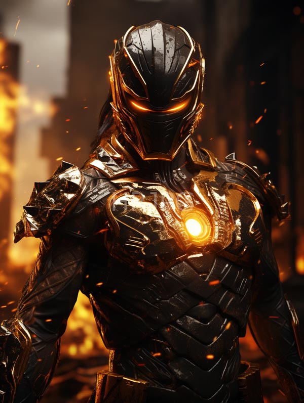 High Resolution: Muscular armored superhero black glowing helmet chest plate featuring orange glowing emblem armor metallic intricate jagged designs download. | HRJPG.com