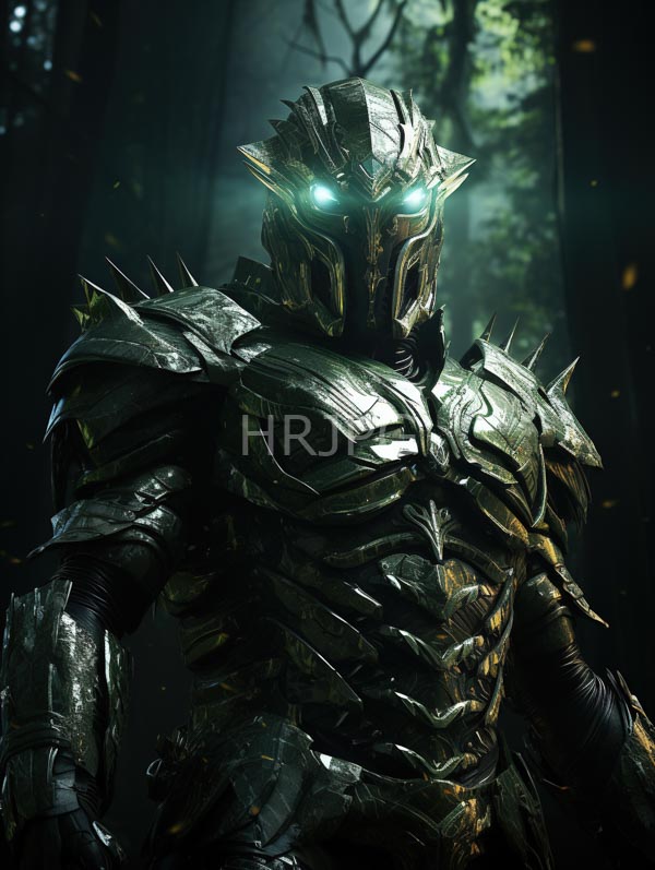 High Resolution: Muscular armored warrior metallic horned helmet glowing blue dark forested misty scattered light armor spiked and intricately detailed download. | HRJPG.com