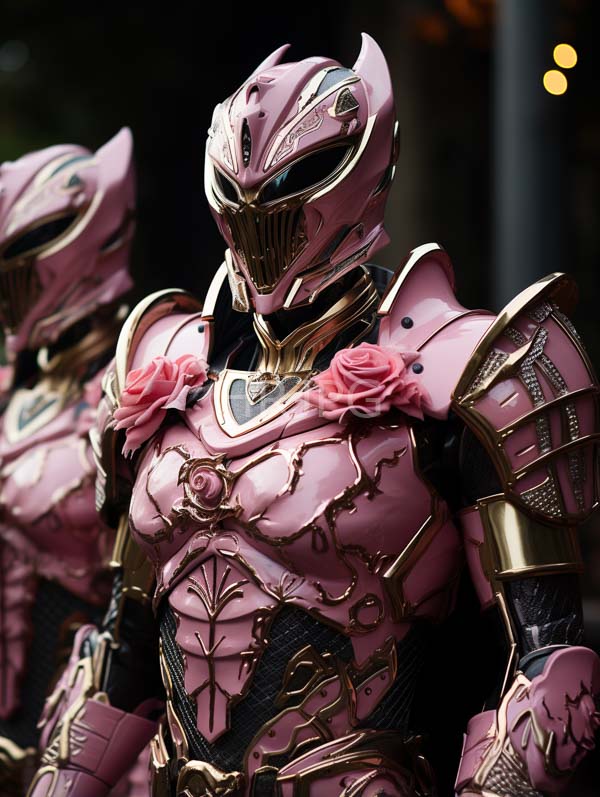 High Resolution: Two armored warriors detailed pink and gold medieval-style armor featuring rose decorations shoulders helmets have intricate designs and black download. | HRJPG.com