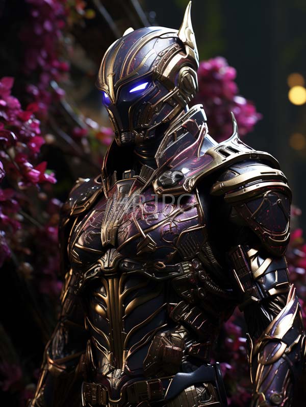 High Resolution: Muscular armored warrior metallic purple and gold suit glowing blue eyes horned helmet features blurred vibrant pink flowers download. | HRJPG.com