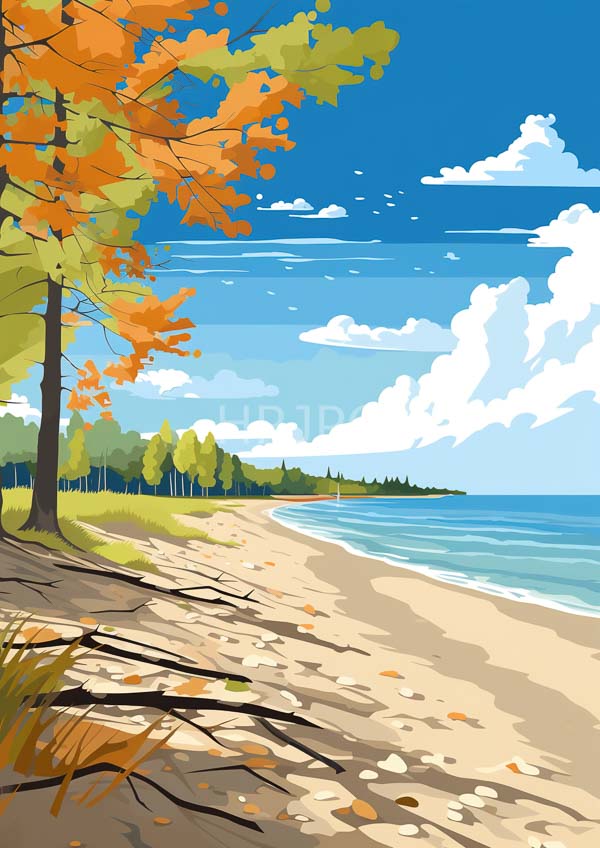 High Resolution: Serene beach scene foreground sandy shore scattered autumn leaves tree orange and green leaves left background shows calm blue download. | HRJPG.com