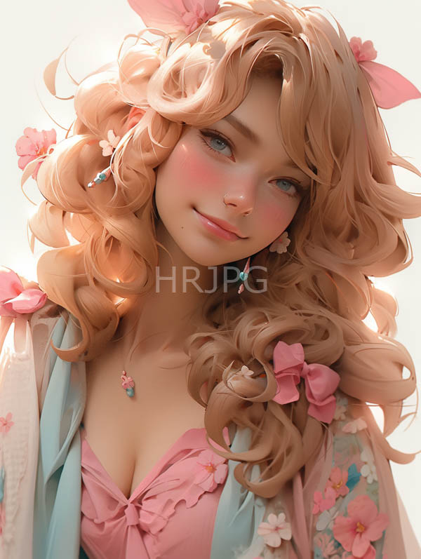 High Resolution: Young woman wavy pastel pink hair adorned pink bows and flowers She has fair skin rosy cheeks and blue eyes download. | HRJPG.com