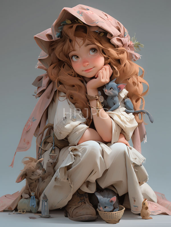 High Resolution: Young fair-skinned girl voluminous wavy brown hair wearing tattered pink hooded cloak cream-colored dress She sits ground holding small download. | HRJPG.com