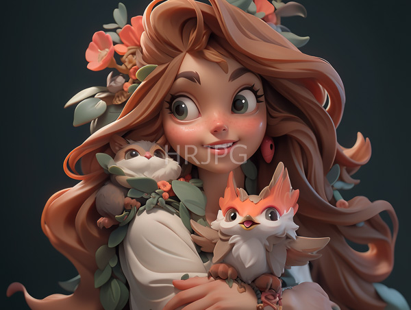 High Resolution: Cute young woman large expressive eyes long flowing brown hair adorned flowers wears white leafy garment holds two small download. | HRJPG.com