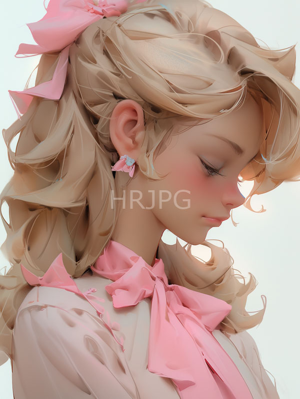 High Resolution: Young fair-skinned girl wavy blonde hair adorned pink bows She wears pink high-collared blouse matching bows and small pink download. | HRJPG.com