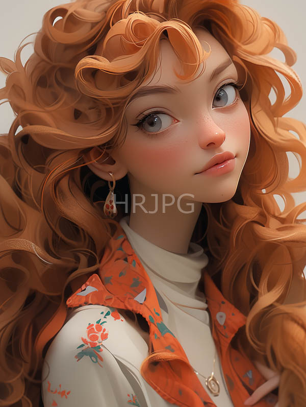High Resolution: Beautiful young woman voluminous curly orange hair fair skin She has large expressive blue eyes small nose and pink lips download. | HRJPG.com