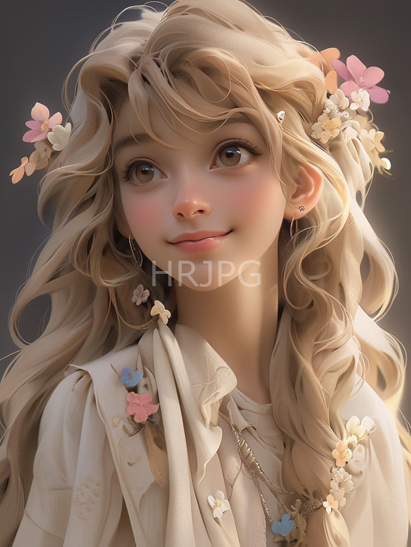 High Resolution: Young woman wavy blonde hair adorned pink and white flowers She has large expressive brown eyes small nose and gentle download. | HRJPG.com